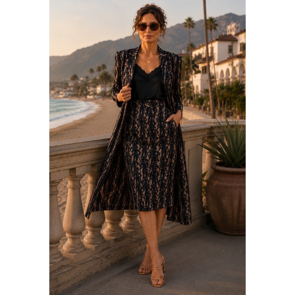 Nicole Miller Vintage LE People Print Duster & Skirt Set Black Tan 4/6
